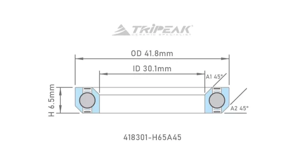 Bạc đạn chén cổ Tripeak Headset Bearing, bạc đạn steel, phủ lớp oxide coating đen (OD:41.8xID:30.1xH:6.5 xA:45°/45°) - Ảnh 2